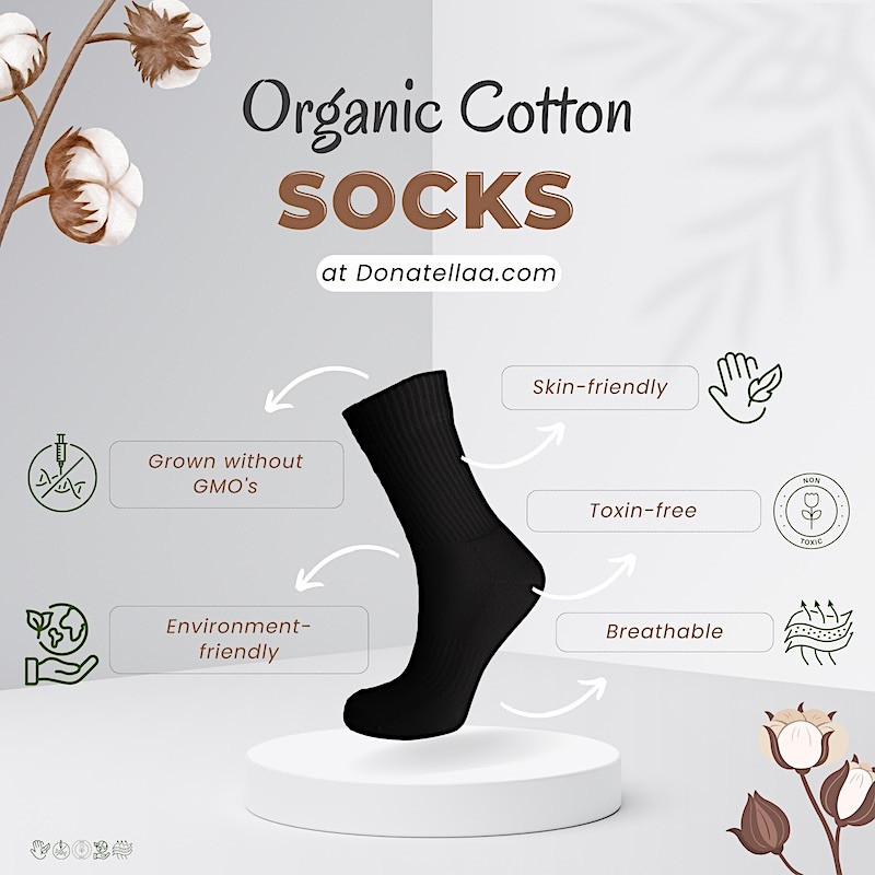 Made in Portugal Organic Cotton Socks EU 35-46 Crew Socks Soft and Breathable Black White Color